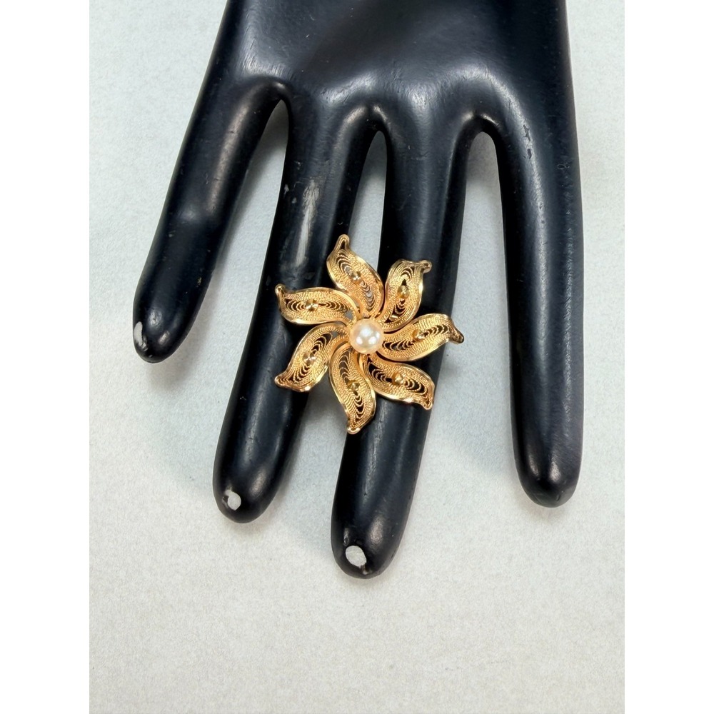 A&Z 12K Gold Filled Filigree Flower Faux Pearl Brooch Vintage Mid Century Pin